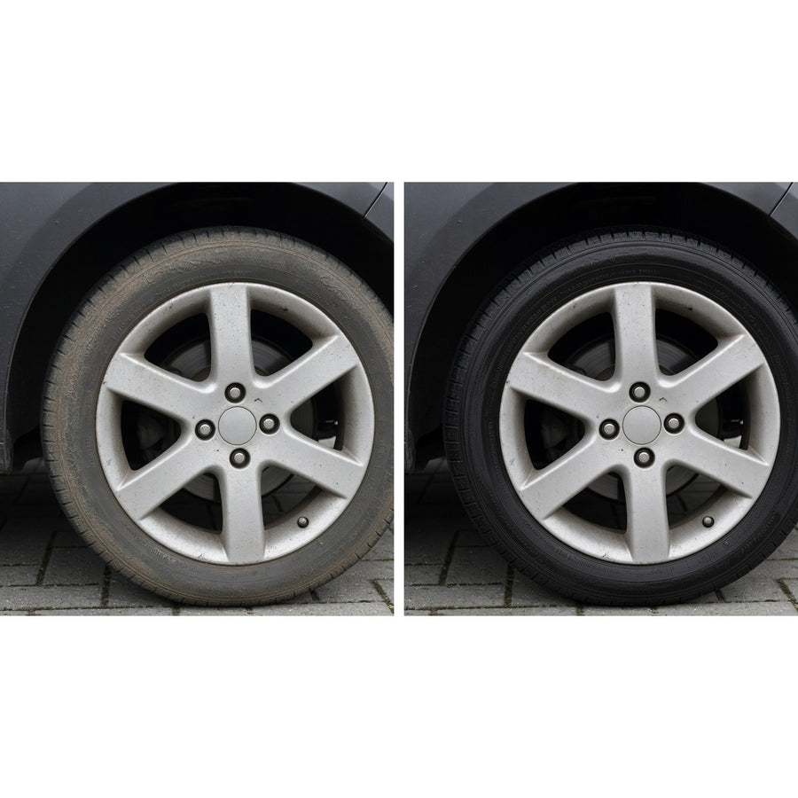 Tire Dressing before/after: dull tire left, deep black dressed tire right
