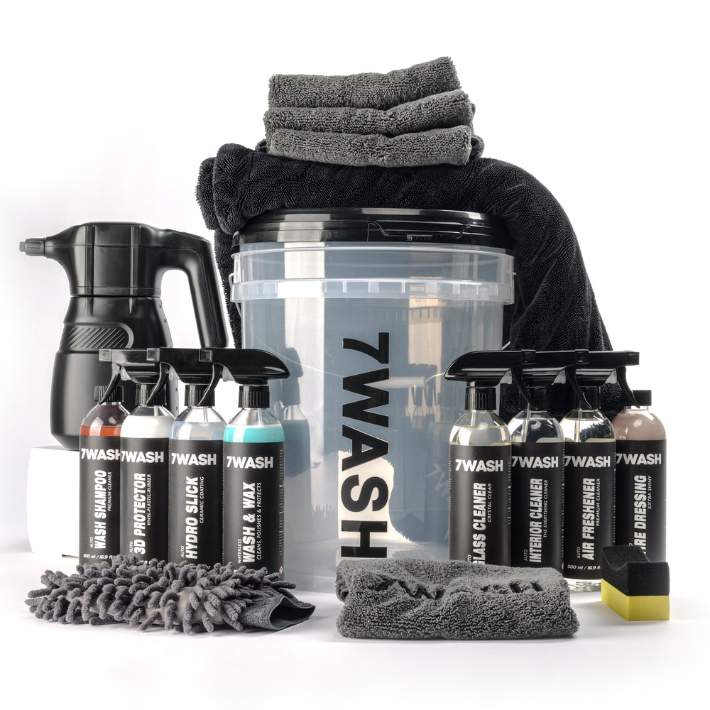 7WASH Complete Car Care Kit with foam sprayer, wash bucket, shampoo and microfiber towels