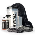 7WASH Basic Wash car care kit in a transparent 19L bucket including car shampoo, glass cleaner, microfiber wash mitt, plus a drying and buffing towel for paint and window cleaning.