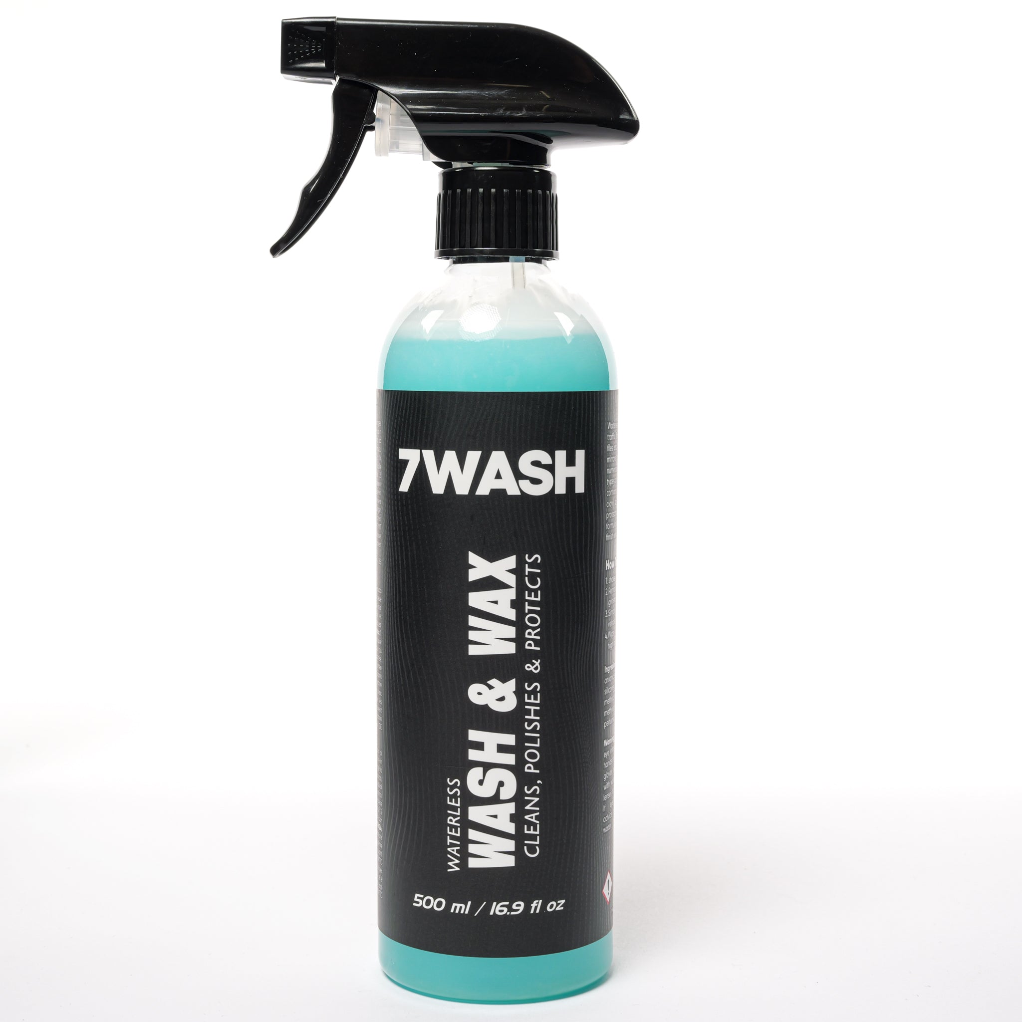 7WASH Wash & Wax Waterless 500 ml waterless car wash bottle back label with usage instructions for quick car cleaning, paint protection, and car detailing without water