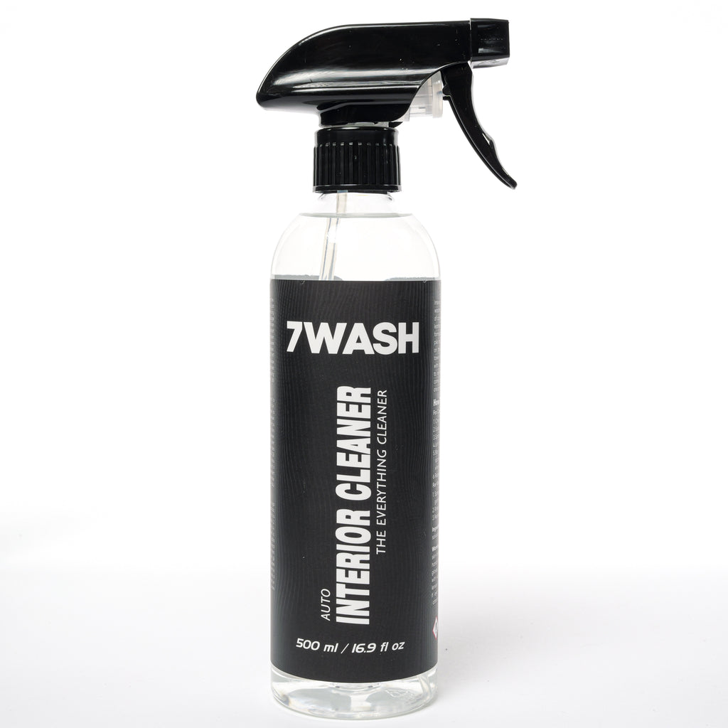 7WASH Interior Cleaner 500 ml car interior cleaner bottle back label with usage instructions for dashboard, plastic, leather, and interior car detailing cleaning
