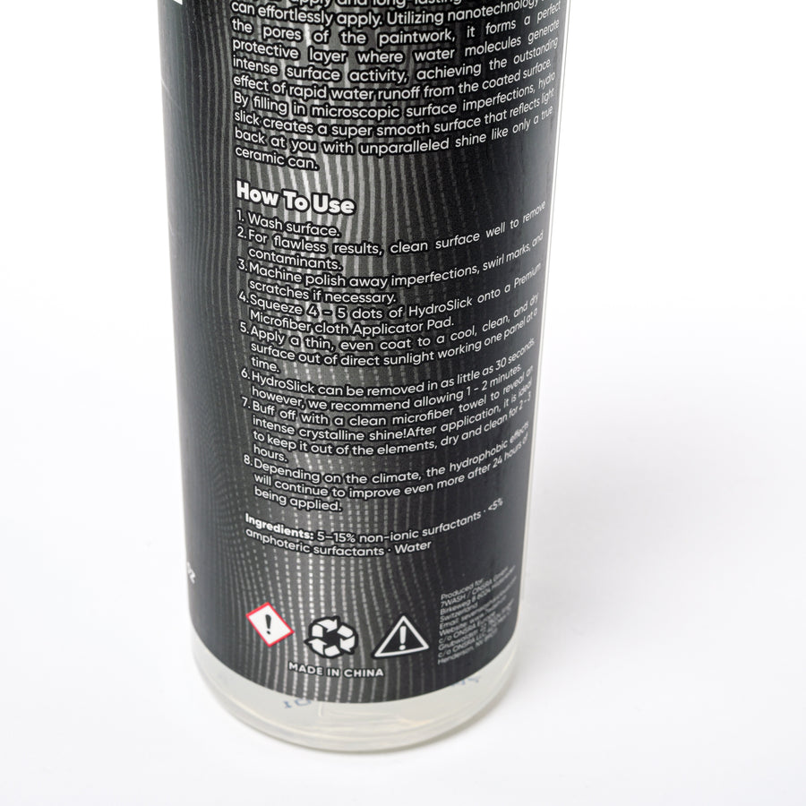Back label of the 7WASH Hydro Slick bottle with directions