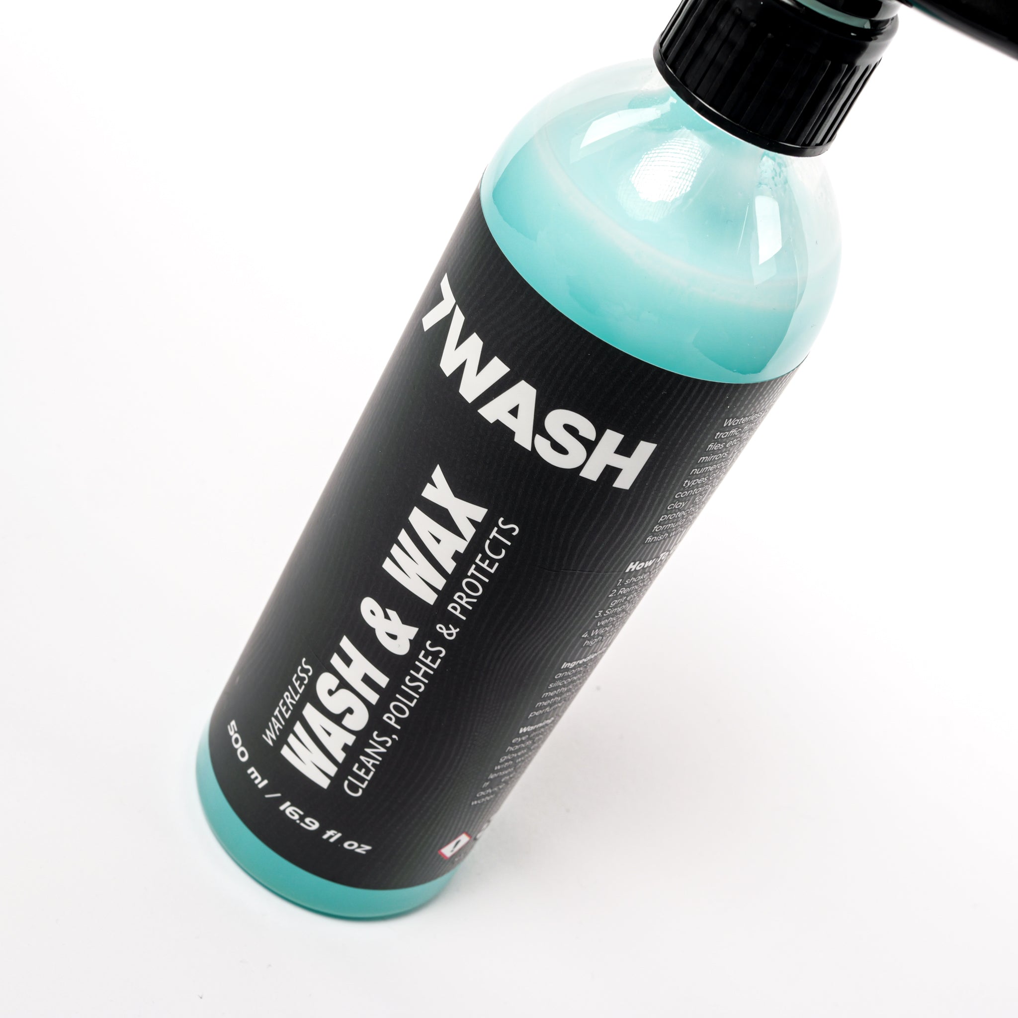 7WASH Wash & Wax Waterless 500 ml waterless car wash bottle back label with usage instructions for quick car cleaning, paint protection, and car detailing without water