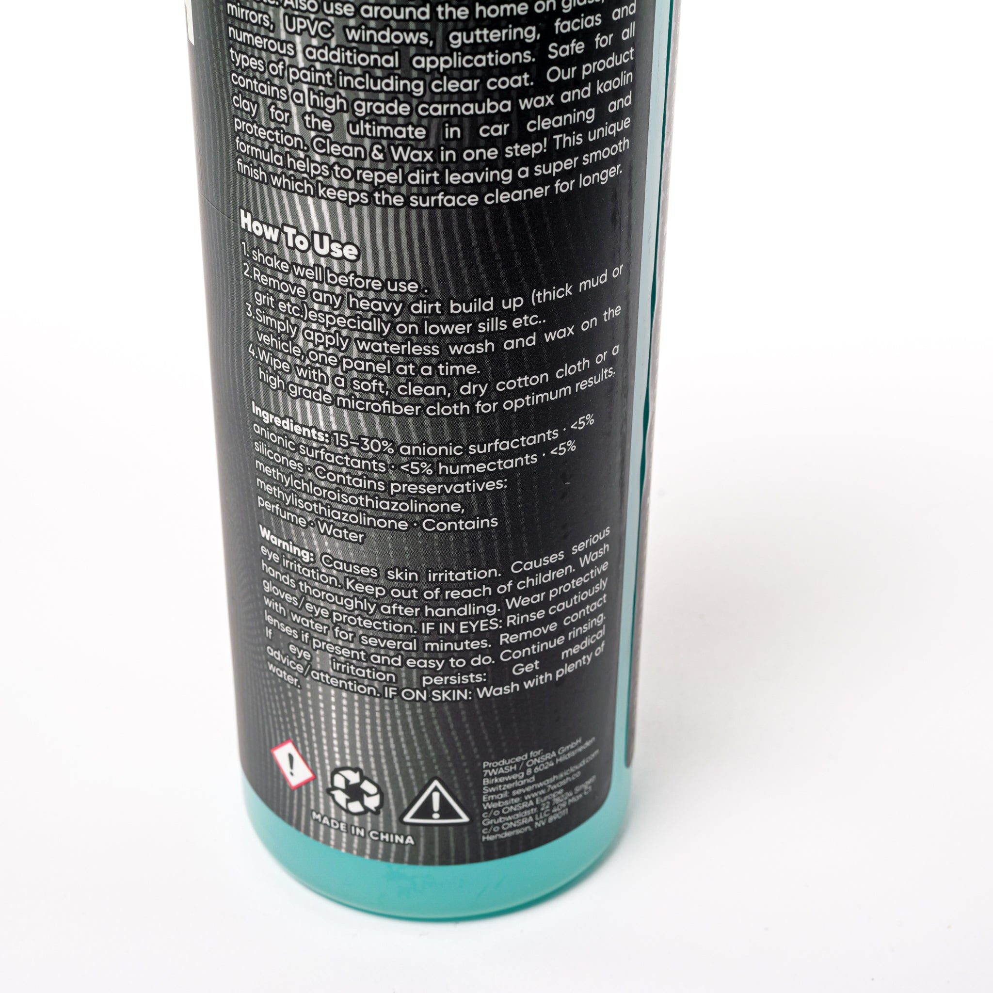 7WASH Wash & Wax Waterless 500 ml waterless car wash bottle back label with usage instructions for quick car cleaning, paint protection, and car detailing without water