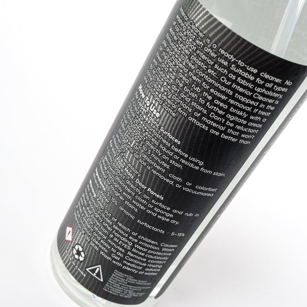 7WASH Interior Cleaner 500 ml car interior cleaner bottle back label with usage instructions for dashboard, plastic, leather, and interior car detailing cleaning