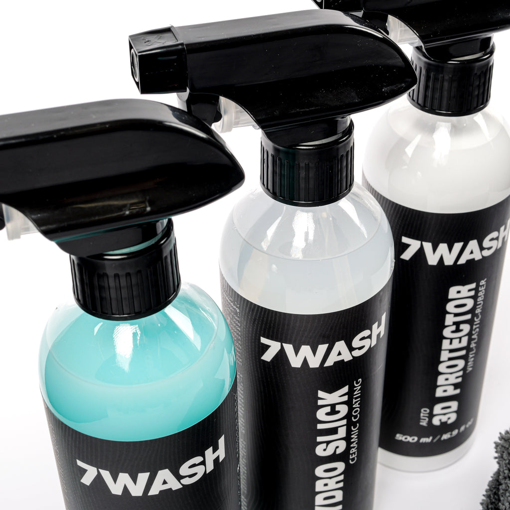 7WASH car detailing kit with Wash & Wax waterless car cleaner, Hydro Slick ceramic coating spray, vinyl plastic rubber protector, and premium microfiber drying towels for paint protection, deep shine, and full car detailing