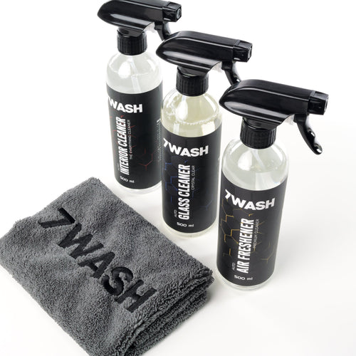 7WASH Innenraum Reinigungsset mit Interior Cleaner, Glasreiniger, Air Freshener und grauem Mikrofasertuch 40x40 cm