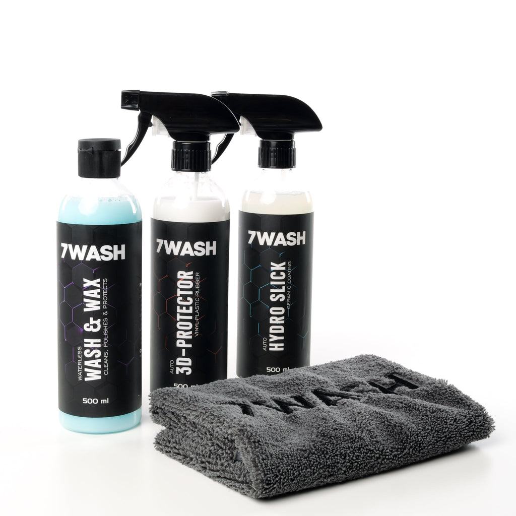 7WASH Pflege Set mit Wash & Wax, 3D Protector, Hydro Slick und grauem Mikrofasertuch 40x40 cm
