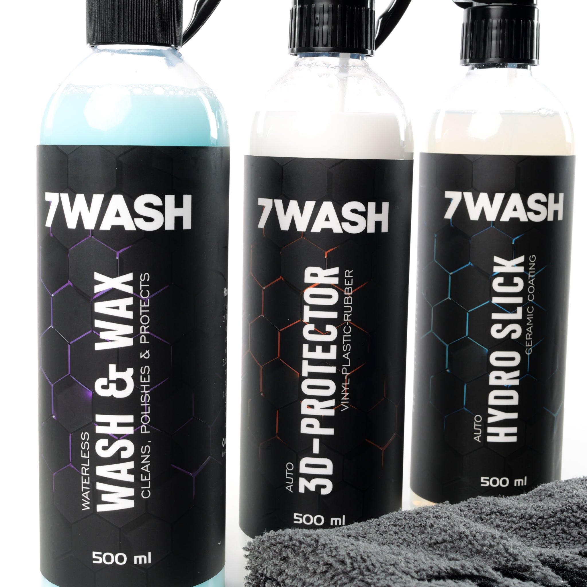 7WASH Pflege Set mit Wash & Wax, 3D Protector, Hydro Slick und grauem Mikrofasertuch 40x40 cm