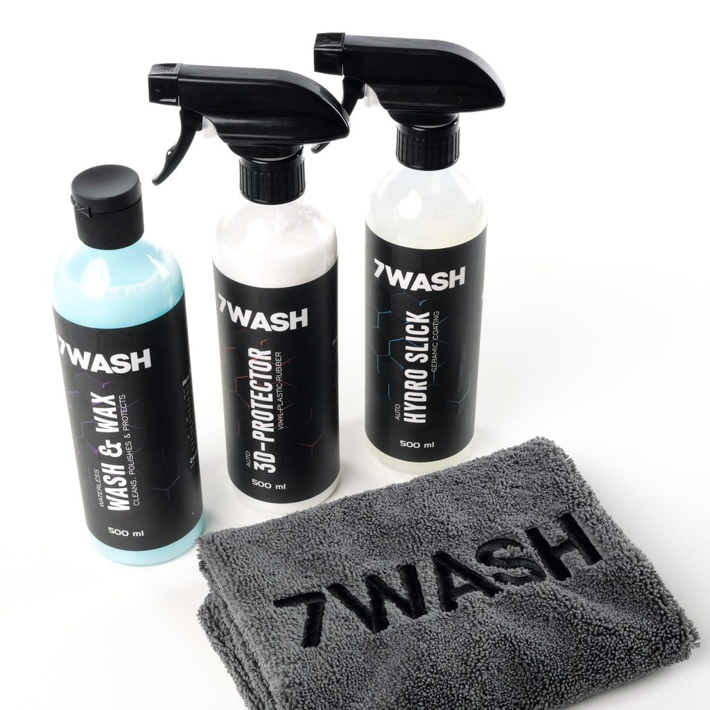 7WASH Pflege Set mit Wash & Wax, 3D Protector, Hydro Slick und grauem Mikrofasertuch 40x40 cm