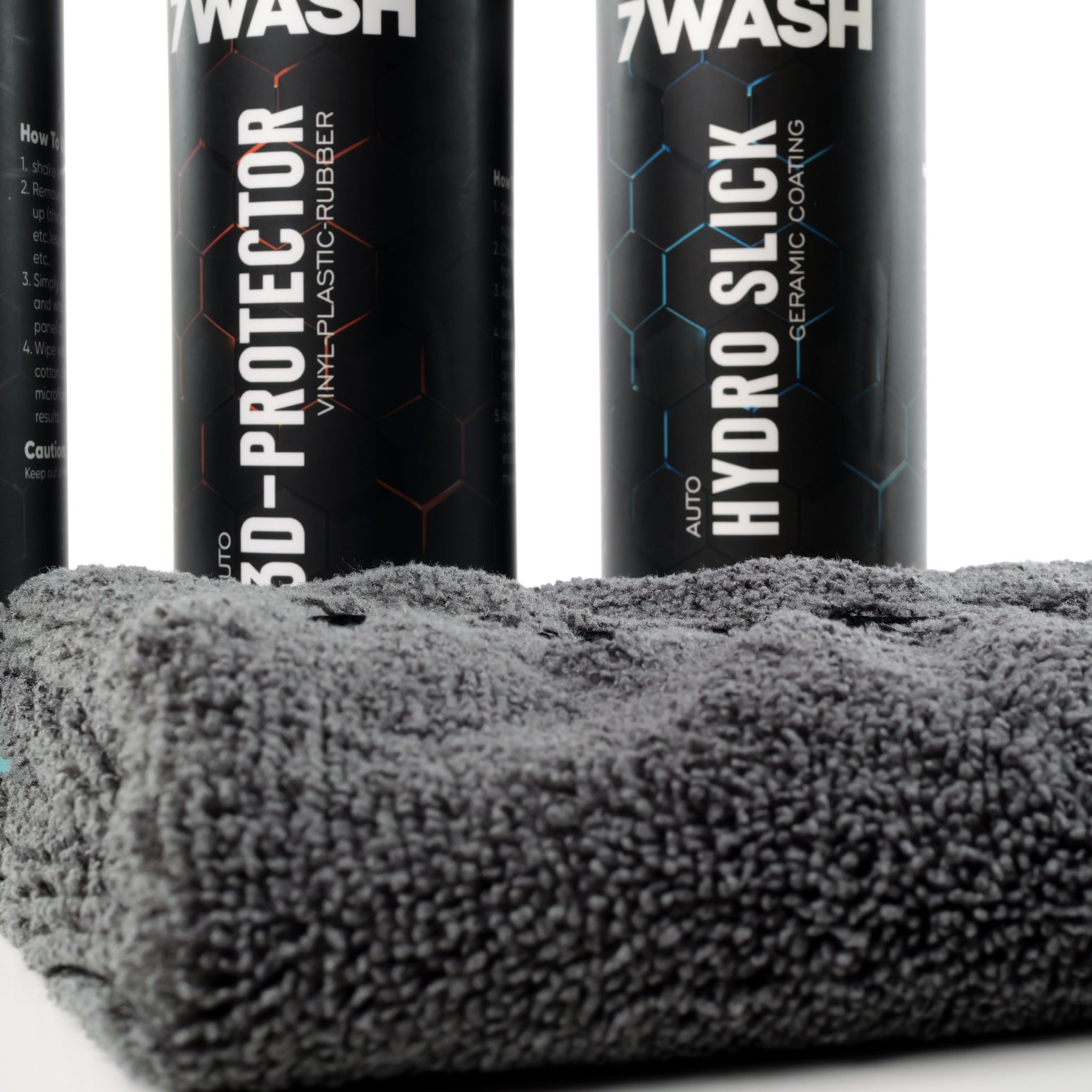 7WASH Pflege Set mit Wash & Wax, 3D Protector, Hydro Slick und grauem Mikrofasertuch 40x40 cm