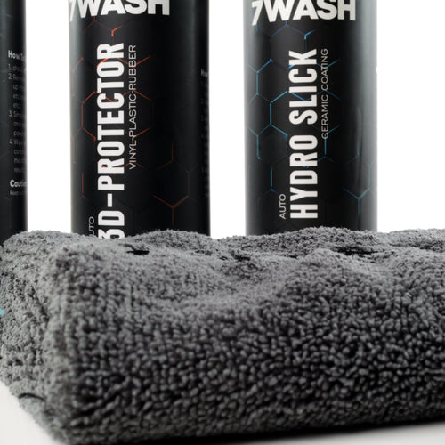 7WASH Pflege Set mit Wash & Wax, 3D Protector, Hydro Slick und grauem Mikrofasertuch 40x40 cm