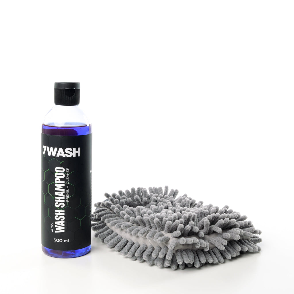 7WASH Shampoo Plus Set mit Autoshampoo 500 ml und grauem Mikrofaser Waschhandsch